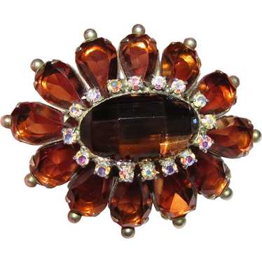 Large Vintage Goldtone Cognac & Aurora Rhinestone 