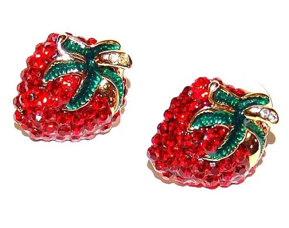 1980s Red Rhinestone Strawberry Enamel Earrings - image 1
