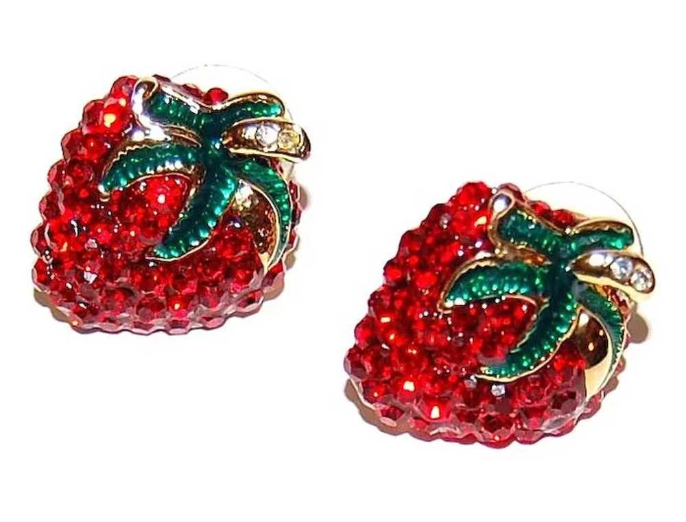 1980s Red Rhinestone Strawberry Enamel Earrings - image 4