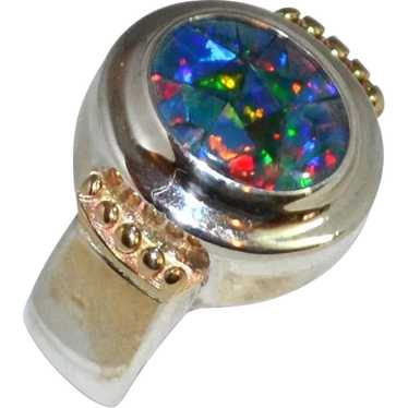 Sterling & 14K Gold Chunky Faux Opal Ring - image 1