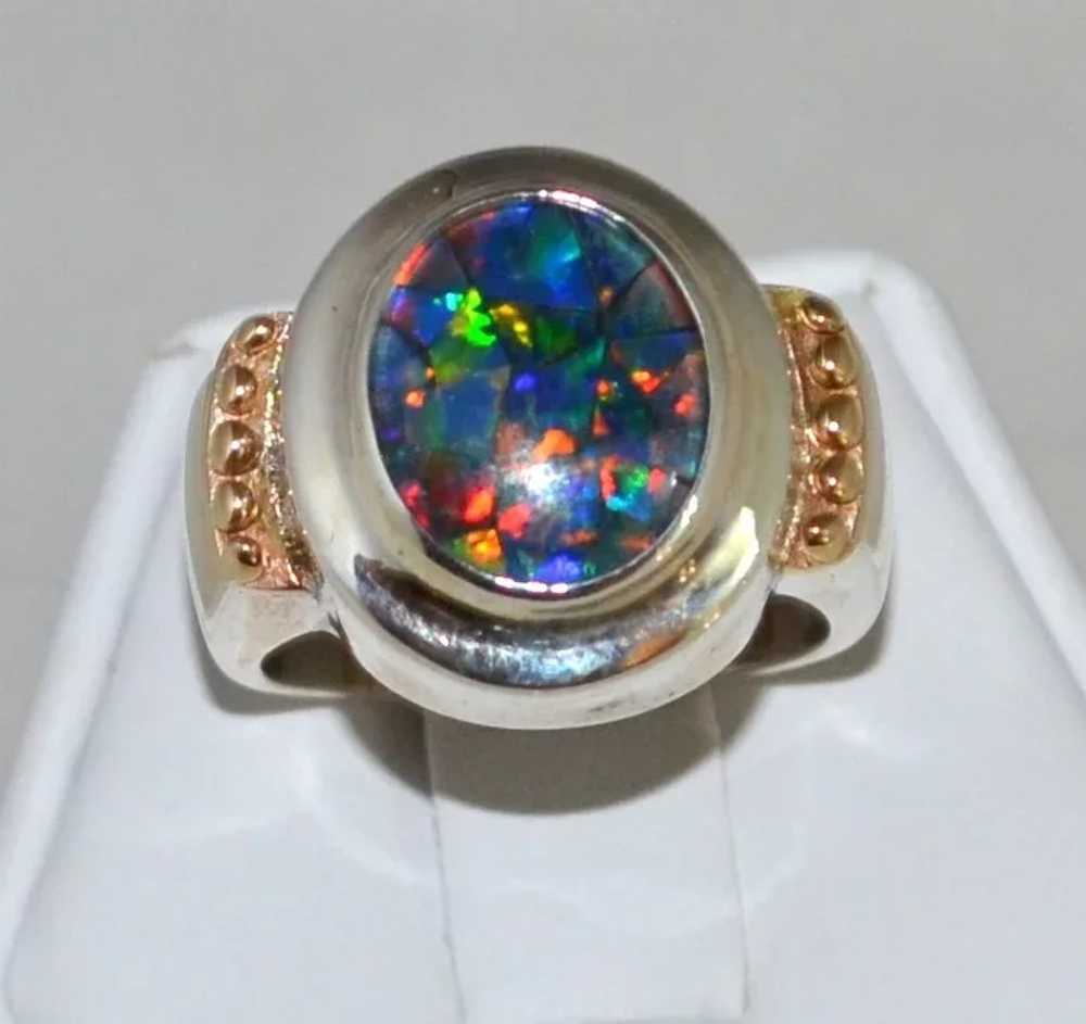 Sterling & 14K Gold Chunky Faux Opal Ring - image 2