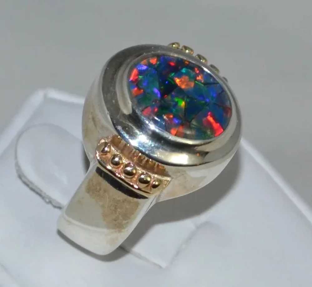 Sterling & 14K Gold Chunky Faux Opal Ring - image 4