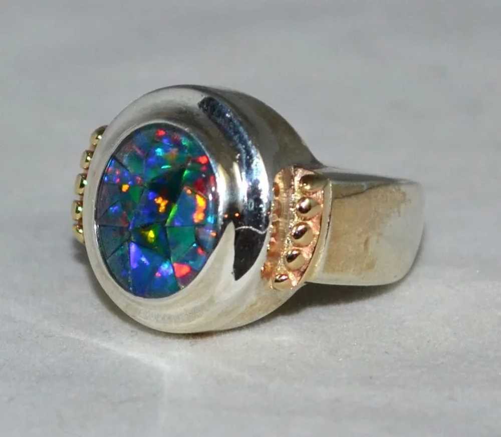 Sterling & 14K Gold Chunky Faux Opal Ring - image 6