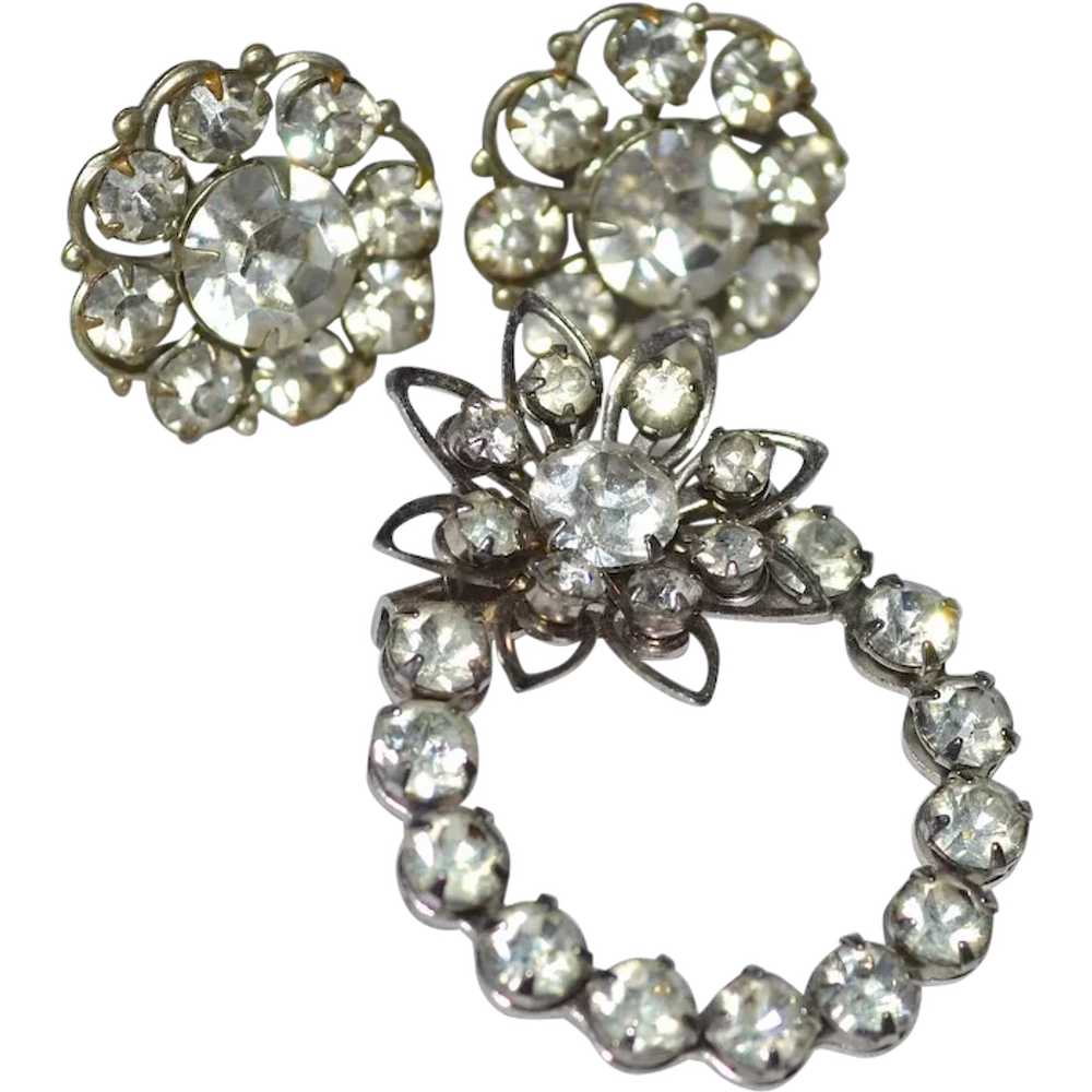 Darling Rhinestone Earrings & Matching Flower Bro… - image 1