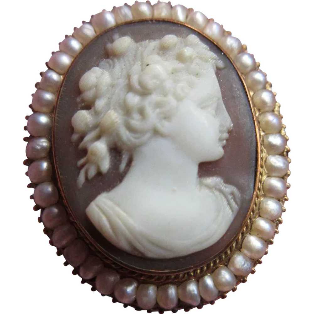 Victorian 10K Cameo Brooch with Seed Pearls - image 1