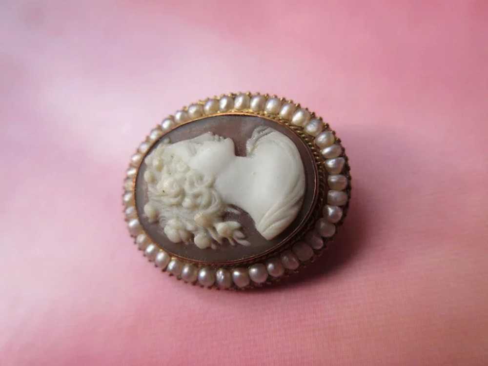 Victorian 10K Cameo Brooch with Seed Pearls - image 4