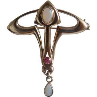 Art Nouveau Opal and Ruby brooch, gilt silver, ca… - image 1