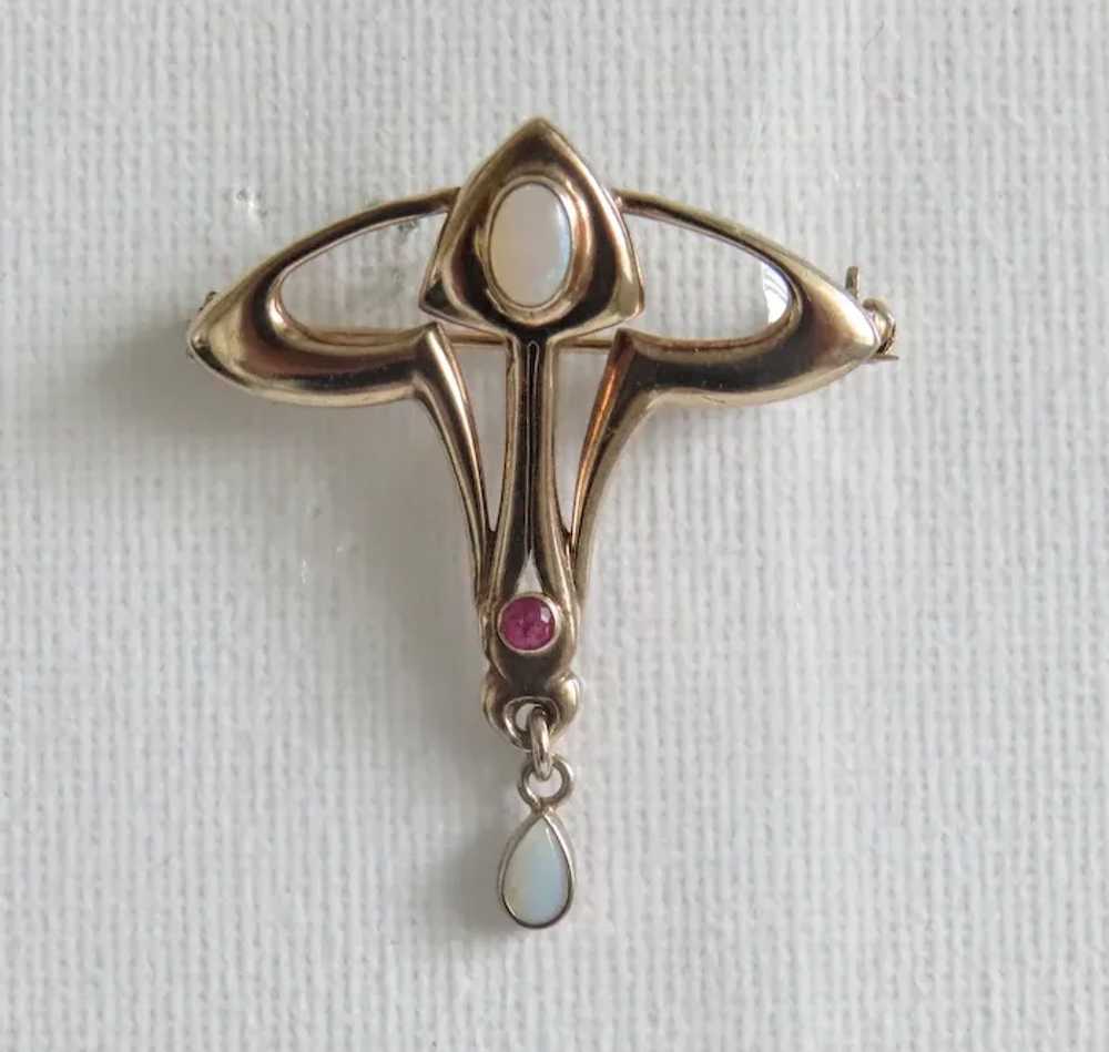 Art Nouveau Opal and Ruby brooch, gilt silver, ca… - image 6