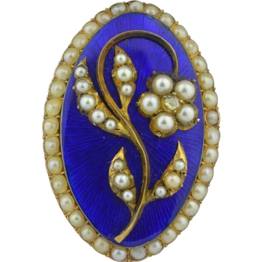 Georgian 10K Enamel Pearls & Diamond Brooch - image 1