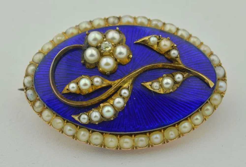 Georgian 10K Enamel Pearls & Diamond Brooch - image 2