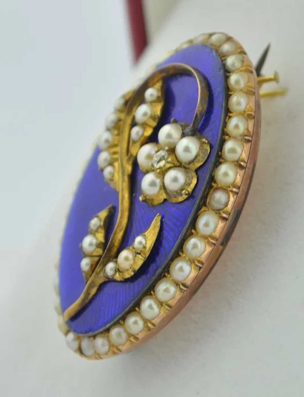 Georgian 10K Enamel Pearls & Diamond Brooch - image 5