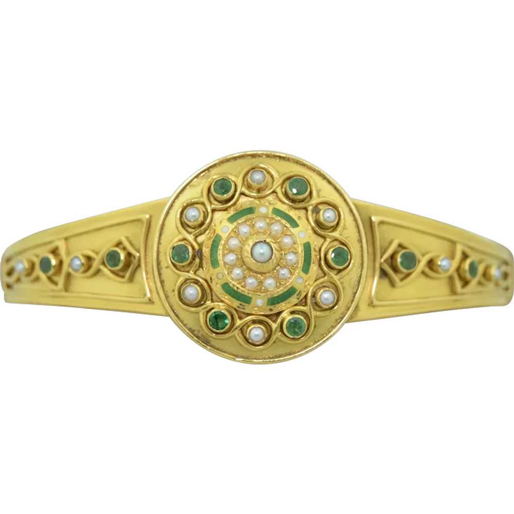 Victorian 15k Emerald, Enamel & Pearl  Bracelet - image 1