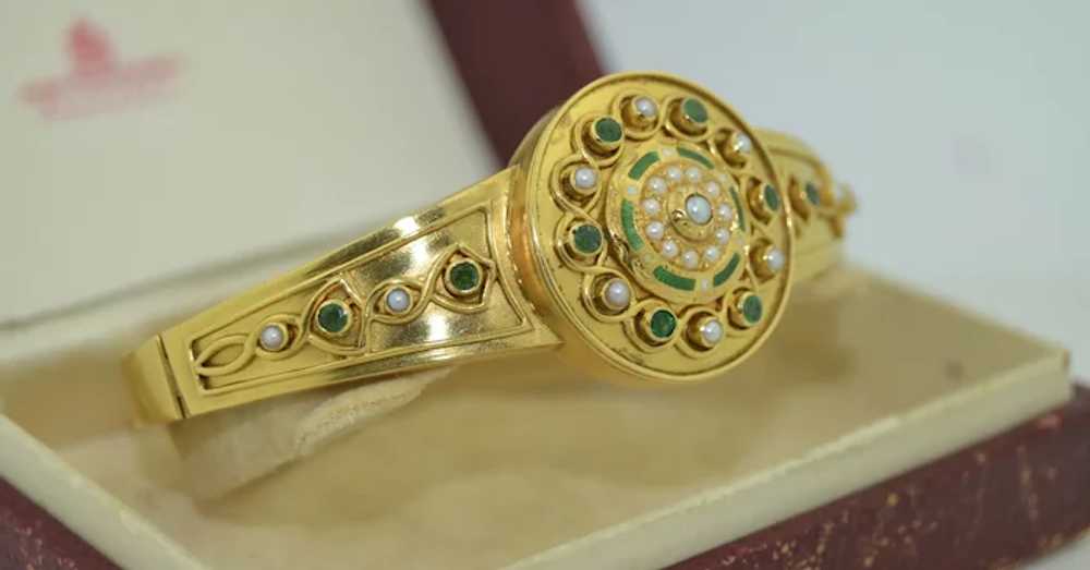 Victorian 15k Emerald, Enamel & Pearl  Bracelet - image 2