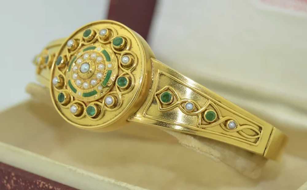 Victorian 15k Emerald, Enamel & Pearl  Bracelet - image 3