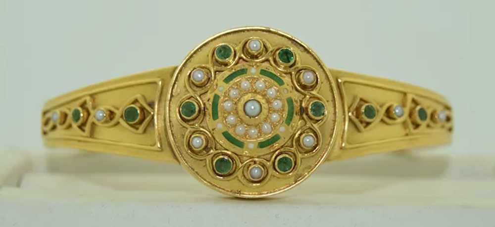 Victorian 15k Emerald, Enamel & Pearl  Bracelet - image 4