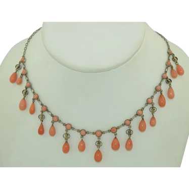 Victorian 800 Gilt Silver Coral Ring Drop Necklace