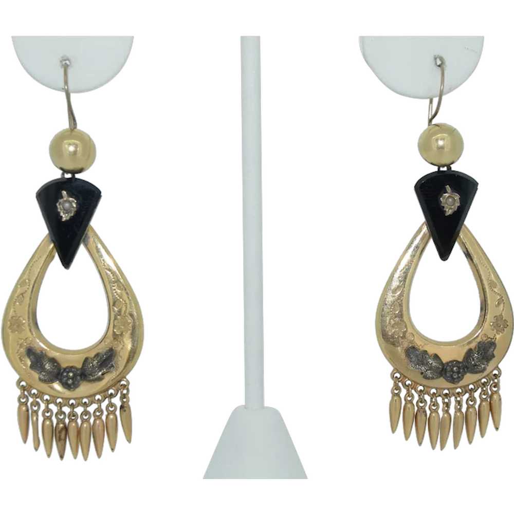 Victorian Mourning 14K Onyx Fringe Earrings - image 1