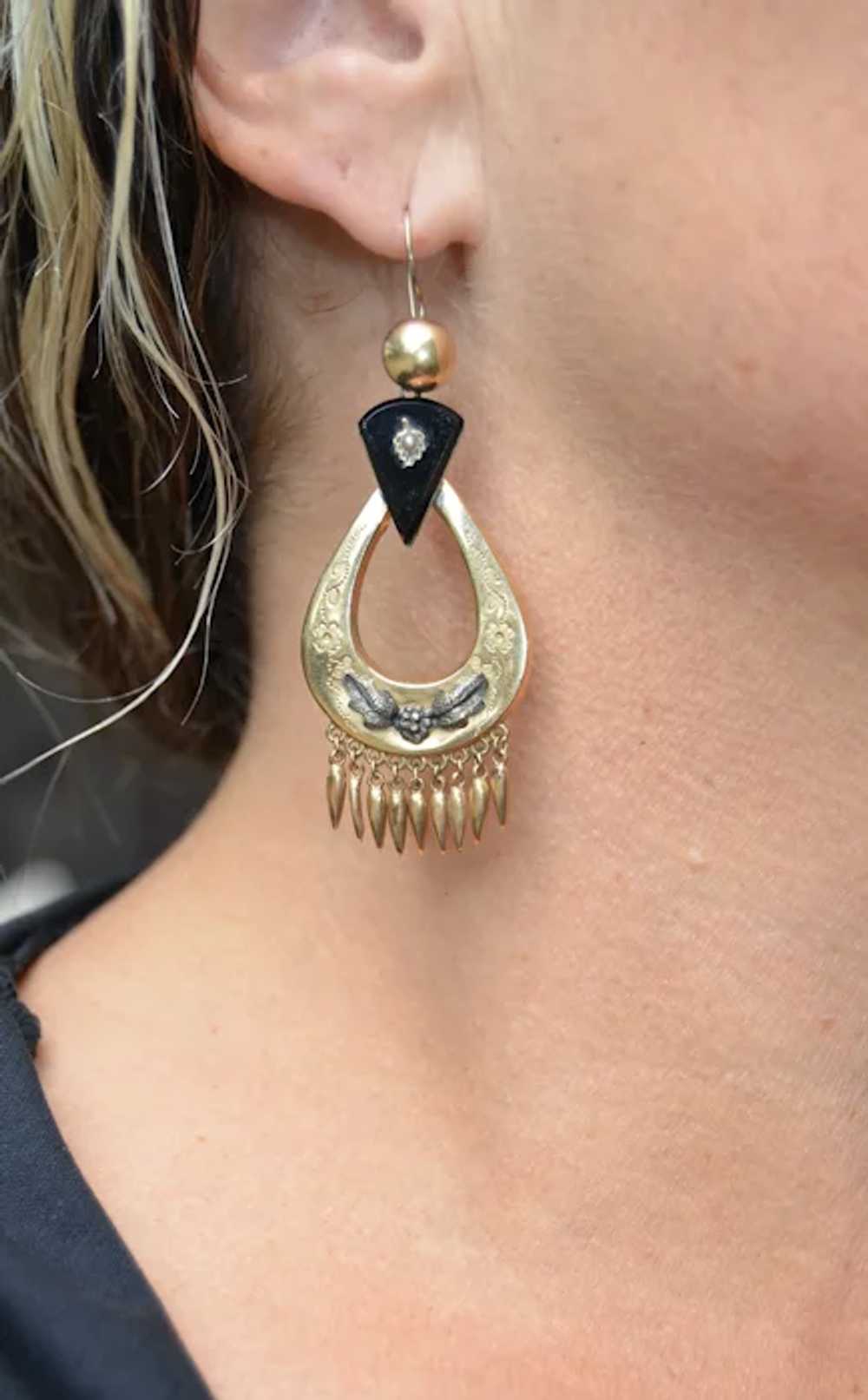 Victorian Mourning 14K Onyx Fringe Earrings - image 2