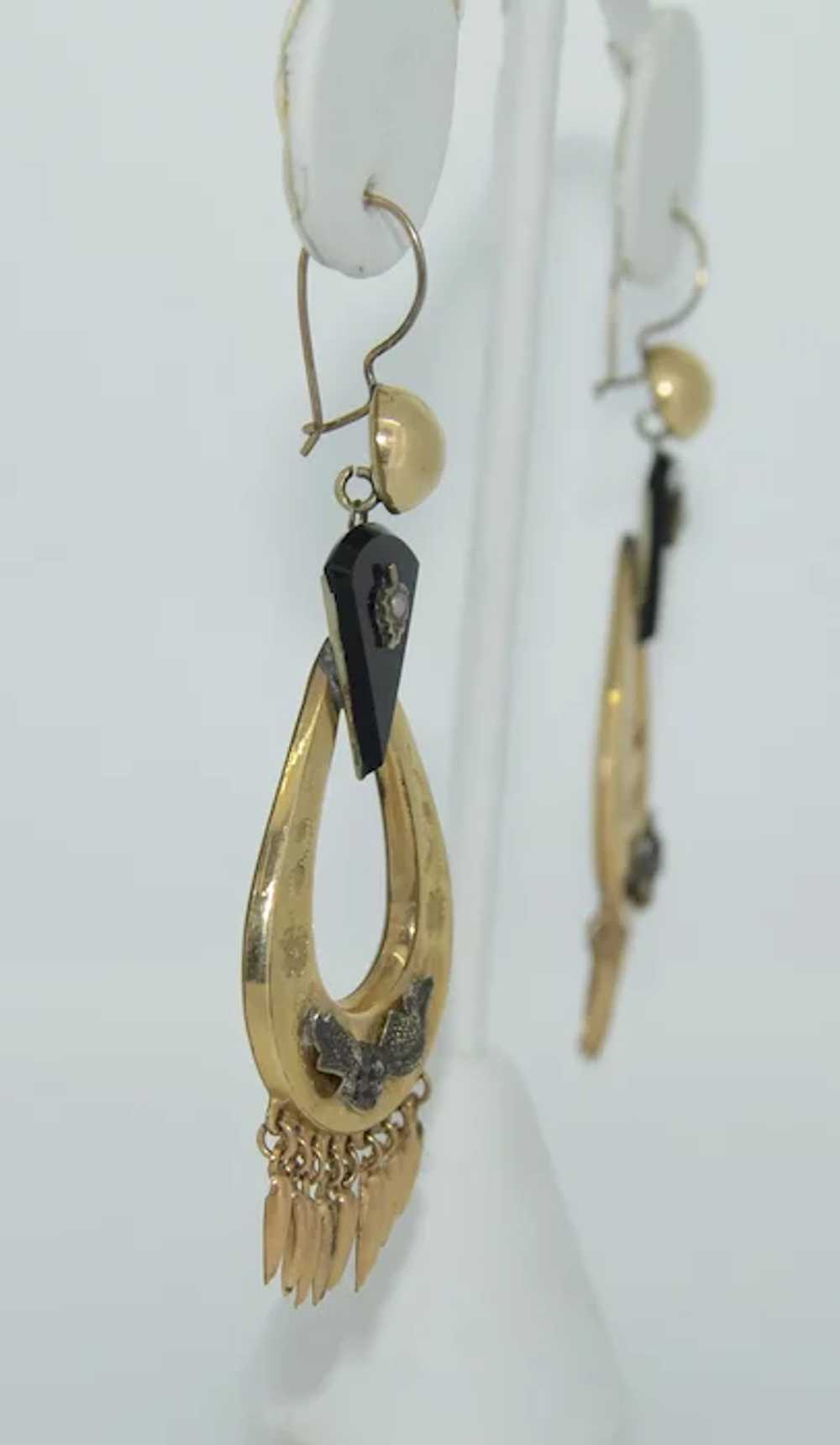 Victorian Mourning 14K Onyx Fringe Earrings - image 3