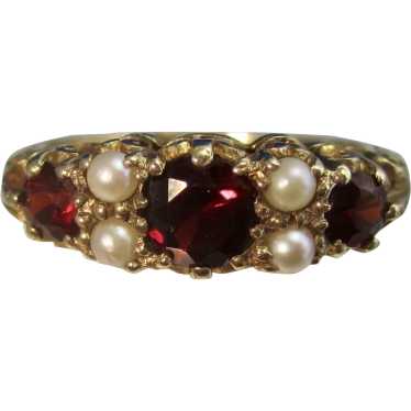 Antique Victorian Three Stone Garnet Seed Pearl Ri