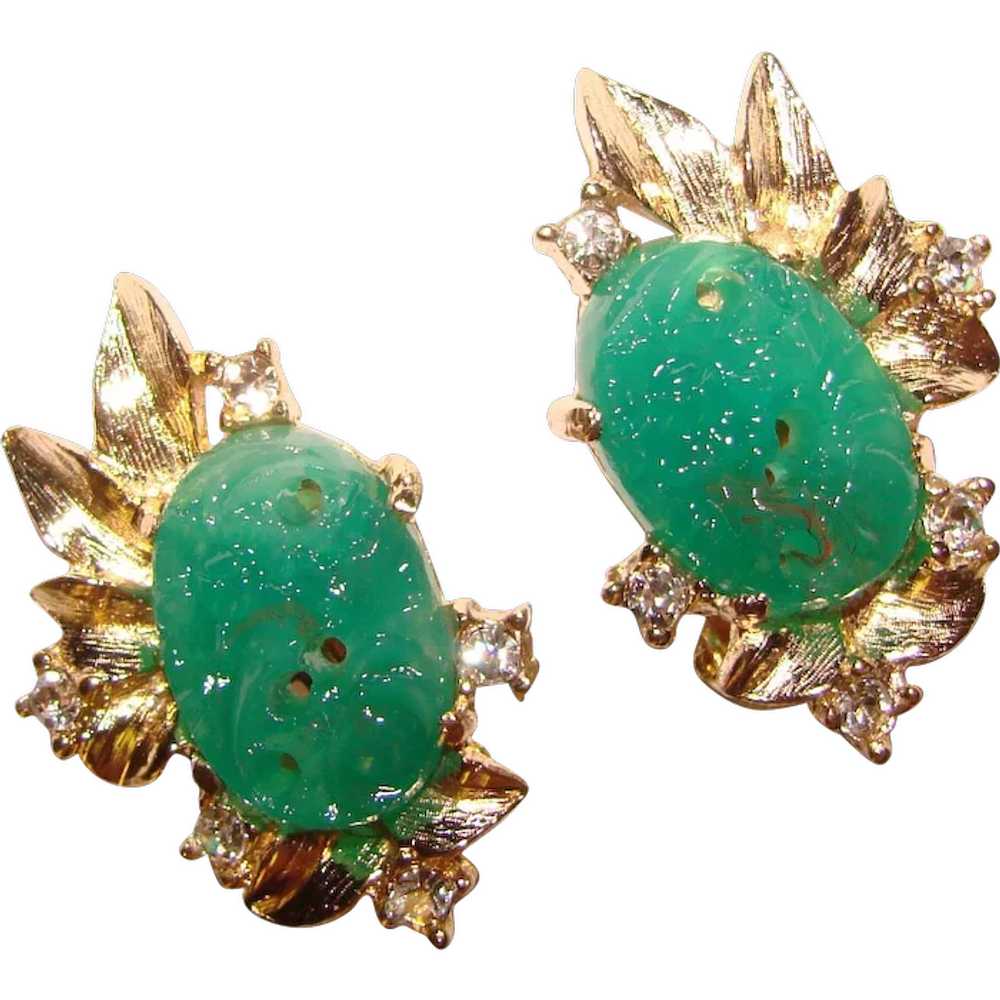 Gorgeous GREEN GLASS Rhinestone Vintage Clip Earr… - image 1