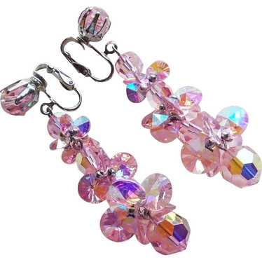Pink Aurora Crystal Vintage Long Dangle Earrings - image 1
