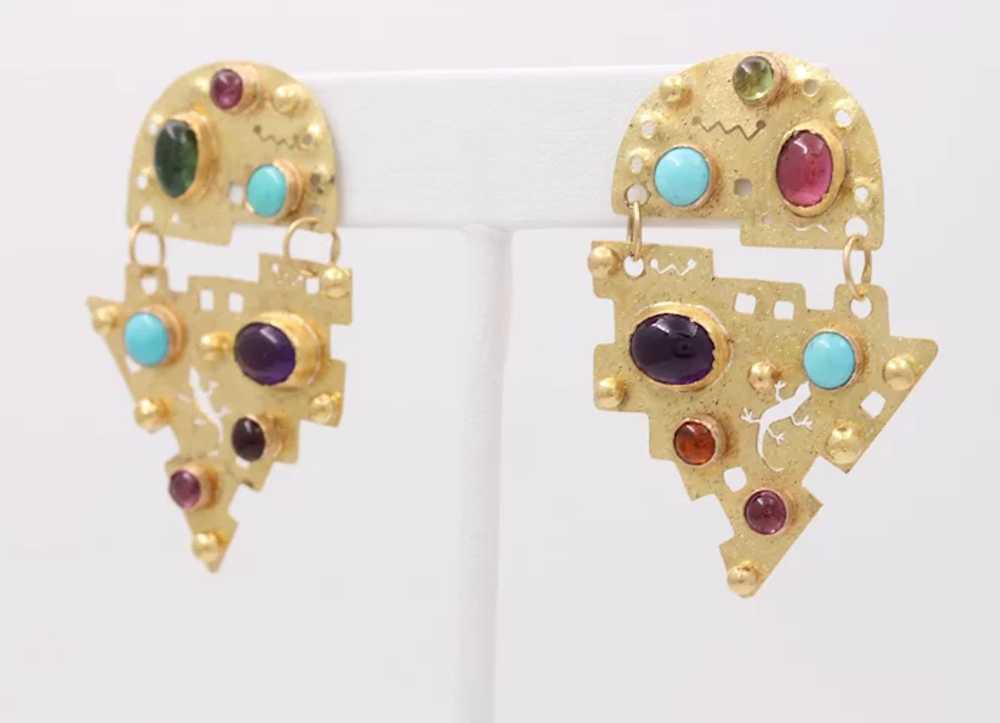 Vintage Multi Stone 18K Yellow Gold Earrings Ariz… - image 2