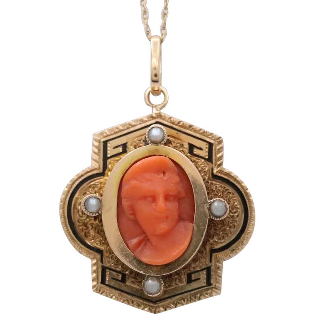 Victorian Coral Portrait Seed Pearls Enamel 14K Y… - image 1