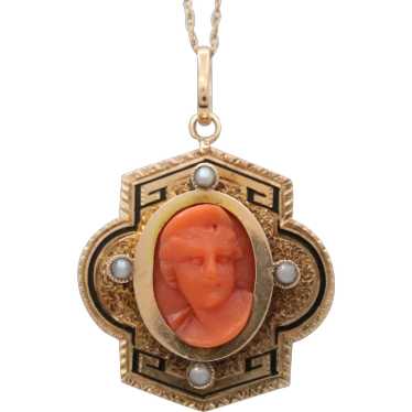 Victorian Coral Portrait Seed Pearls Enamel 14K Y… - image 1