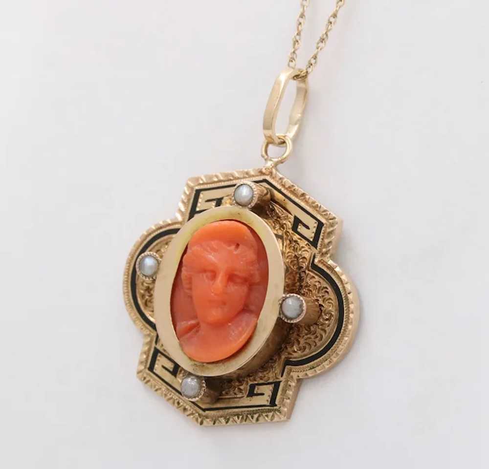 Victorian Coral Portrait Seed Pearls Enamel 14K Y… - image 2