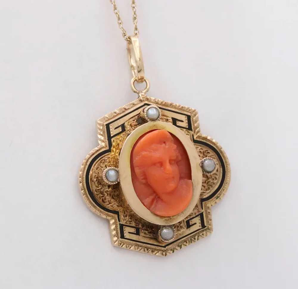 Victorian Coral Portrait Seed Pearls Enamel 14K Y… - image 3