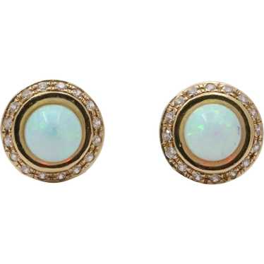 Vintage 14K Gold Opal, Diamond Halo Studs Earring… - image 1