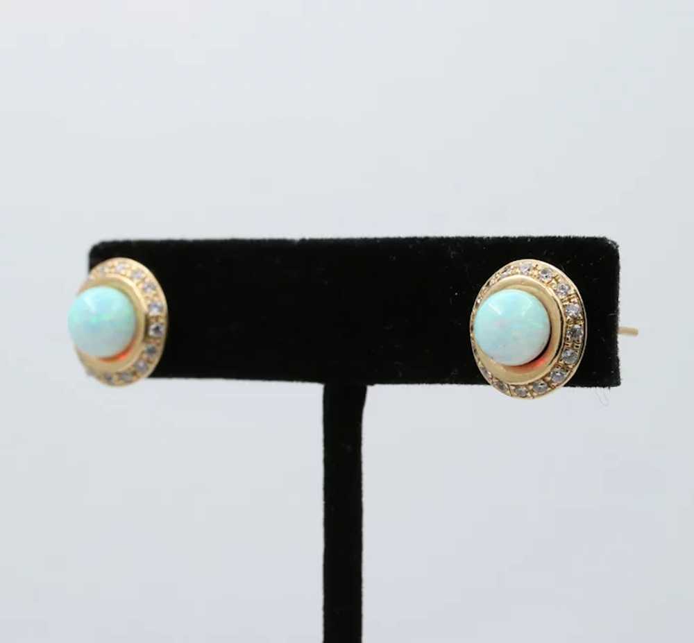 Vintage 14K Gold Opal, Diamond Halo Studs Earring… - image 2