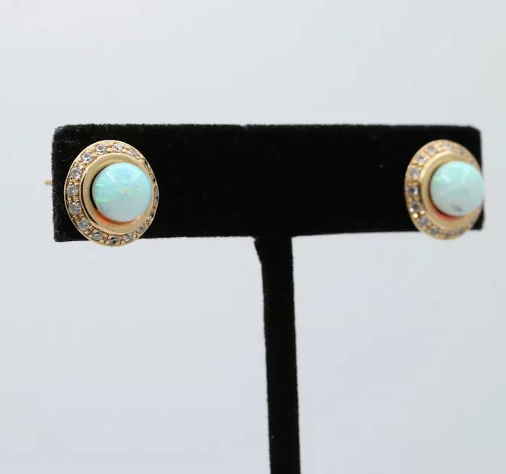 Vintage 14K Gold Opal, Diamond Halo Studs Earring… - image 3