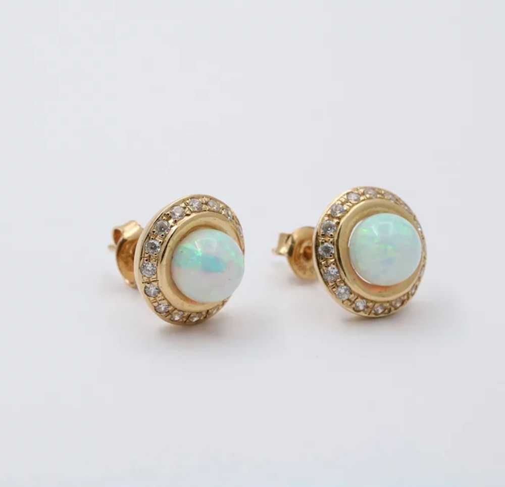 Vintage 14K Gold Opal, Diamond Halo Studs Earring… - image 4