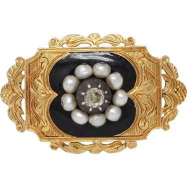 Victorian 18K Yellow Gold Black Enamel Diamond Pea