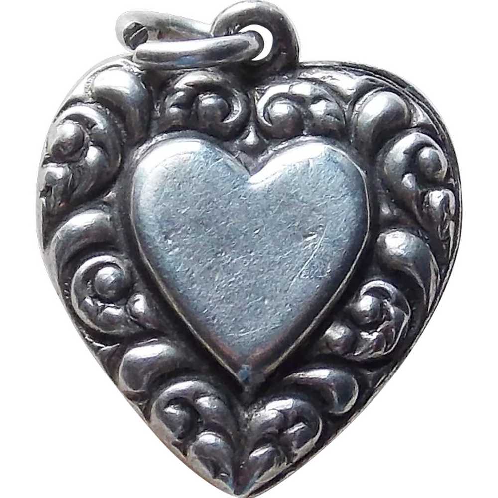 1940s Sterling Puffy Heart Vintage Charm - Double… - image 1