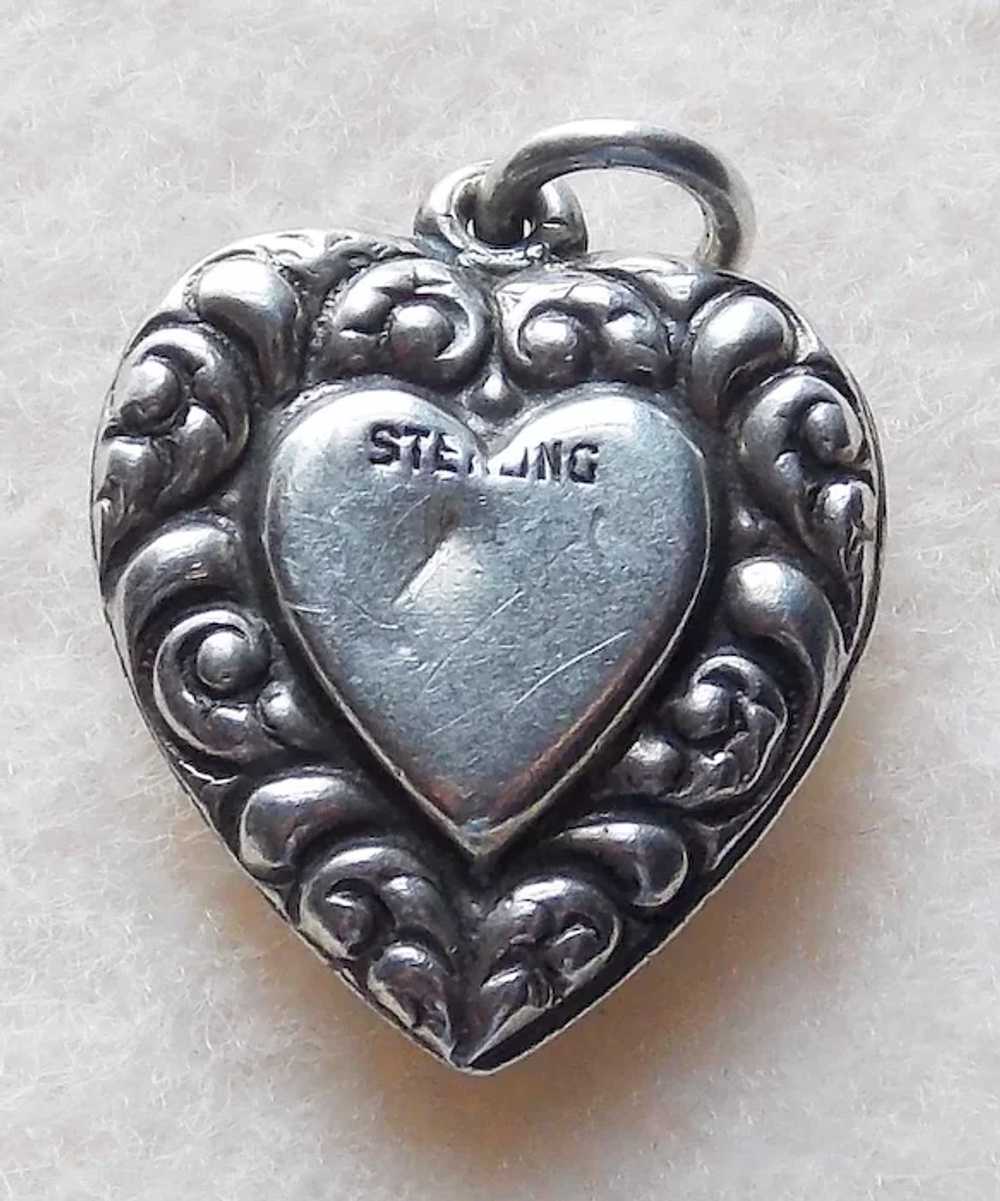 1940s Sterling Puffy Heart Vintage Charm - Double… - image 2
