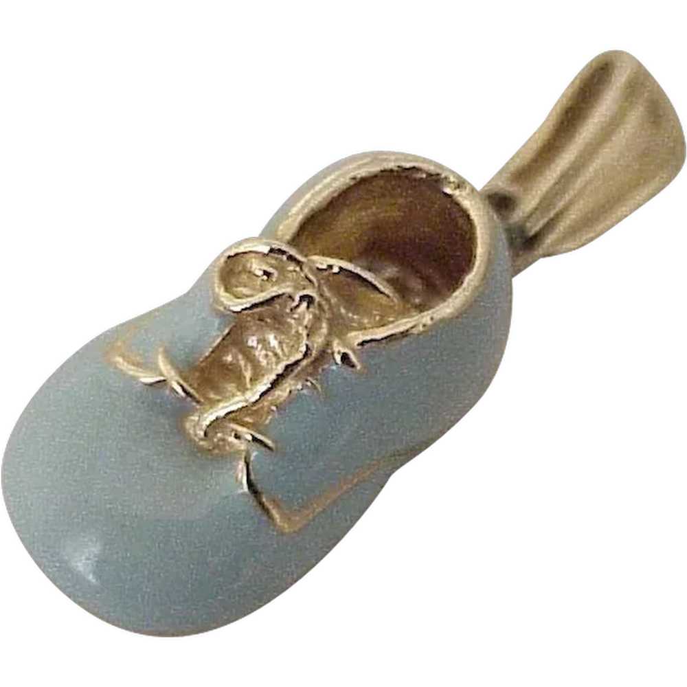 Vintage Baby Shoe Charm Blue Enamel 14K Gold Thre… - image 1