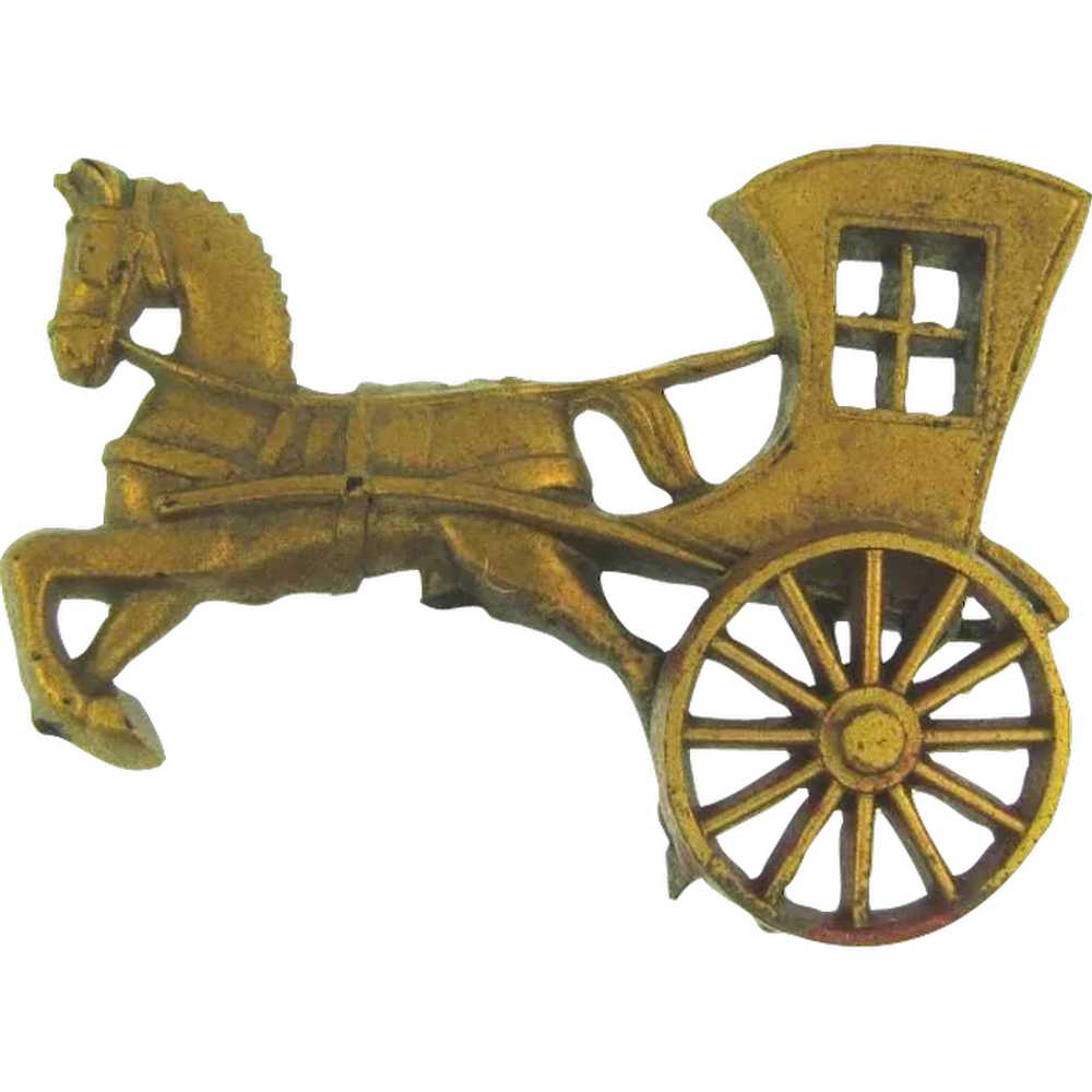 Vintage celluloid horse and carriage Brooch with … - image 1