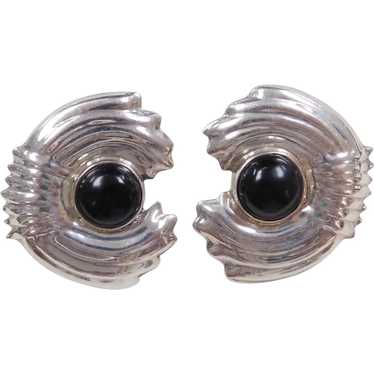 Sterling Silver Big Onyx Stud Earrings - image 1