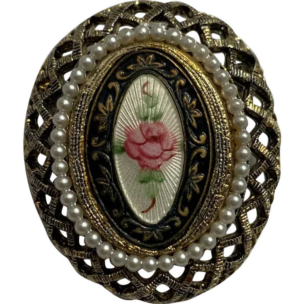 Guilloche Enamel Filagree Pin Brooch with Faux Pe… - image 1