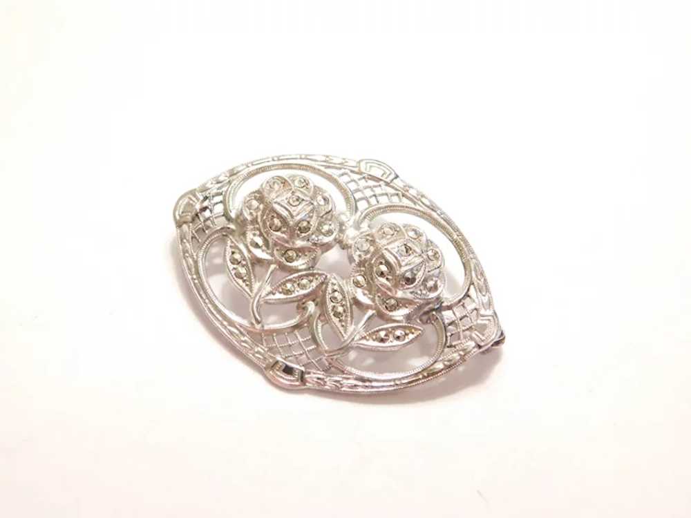 1930-40's Marcasite Flower Pin / Brooch Sterling … - image 2