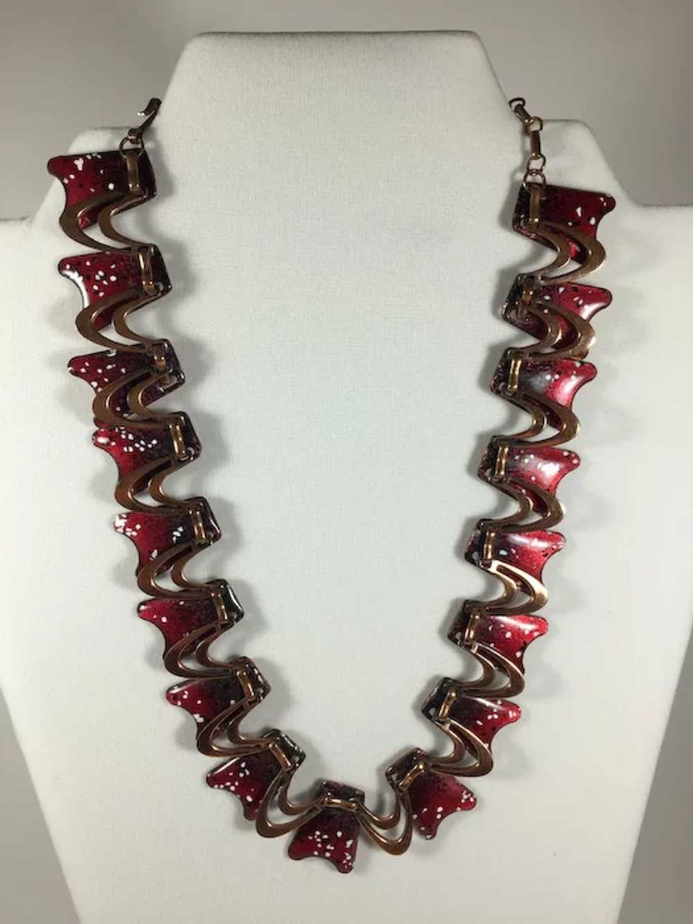 Mid-Century Copper Necklace with Red/White/Black … - image 10