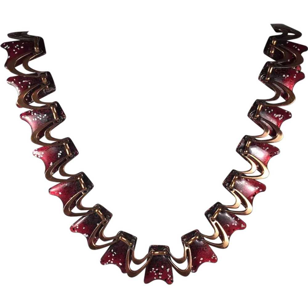 Mid-Century Copper Necklace with Red/White/Black … - image 1