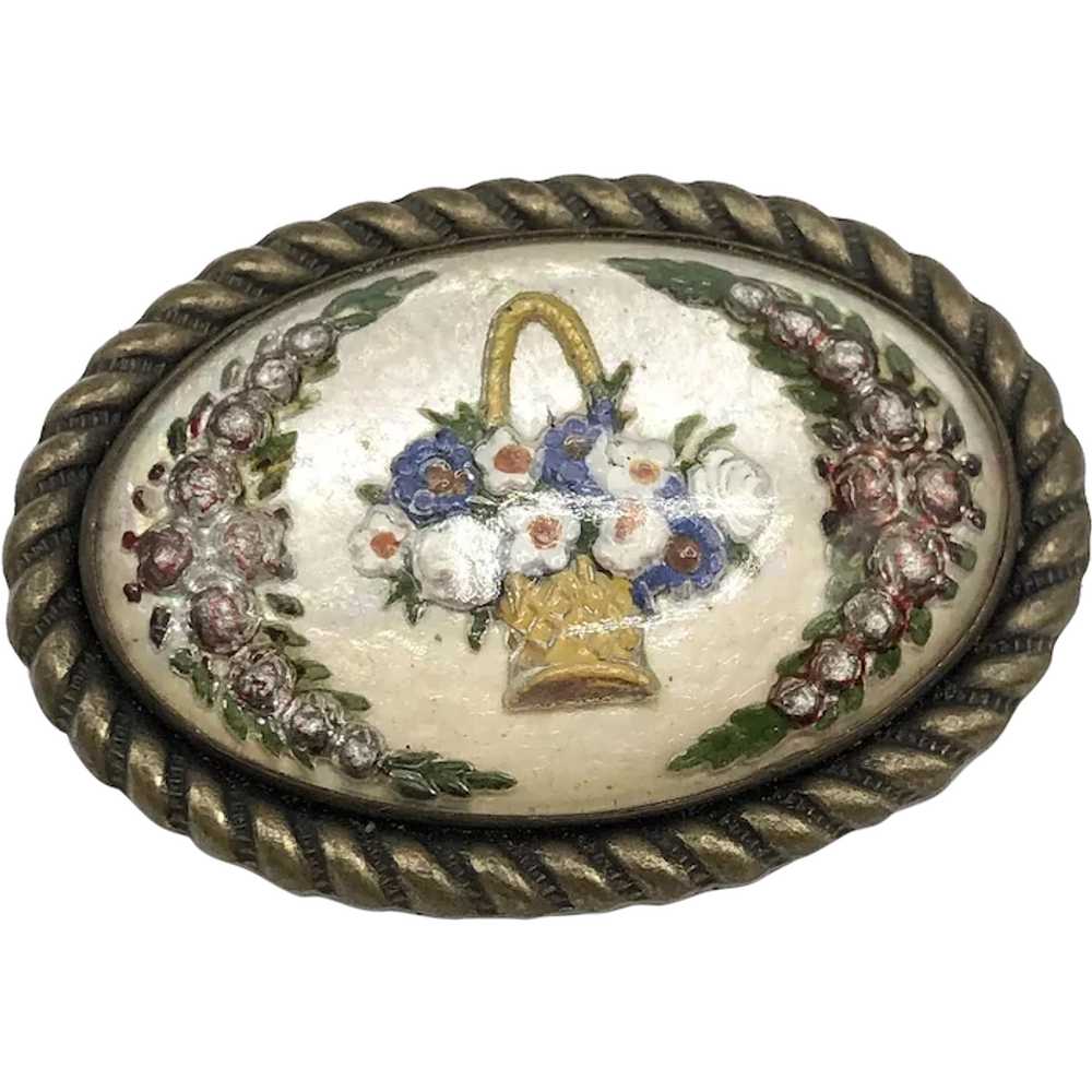 Estate hand painted reverse glass brooch pin - image 1