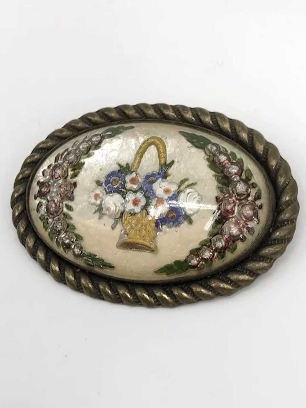 Estate hand painted reverse glass brooch pin - image 3