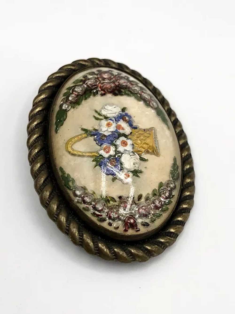 Estate hand painted reverse glass brooch pin - image 5