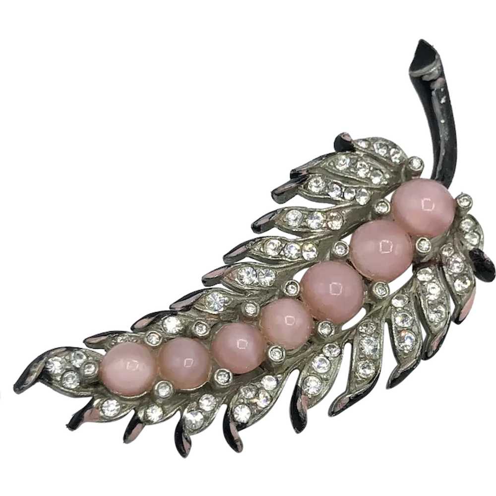 Estate Pink Glass Moonstone Enamel Leaf Brooch Pin - image 1