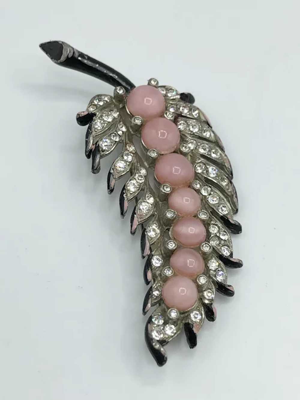 Estate Pink Glass Moonstone Enamel Leaf Brooch Pin - image 2